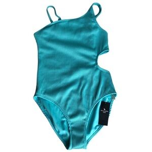 Abercrombie Kids Swimwear One-Shoulder Swimsuit Ribbed Cut Out Teal Size 11/12